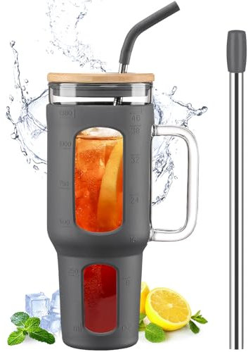 BLUEGO Glass Tumbler with Lid and Straw, 1400ml Iced Coffee Cup with Handle, Borosilicate Water Bottles with Silicone Sleeve, 1.4L Drinking Cup with 2 Straws, BPA Free,Grey