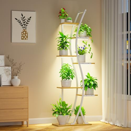 MJOMKN Plant Stand Indoor with Grow Lights - 7 Tiered Tall Metal Plant Shelf - Corner Wooden Plant Stand for Indoor Plants Multiple, Large S-Shape Flower Rack Holder for Living Room, Garden, Patio