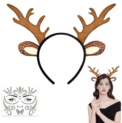 Ajuanbazha Serre Tête de Renne avec Bois de Cerf et Oreilles, Oreilles de Cerf et Tatouage Visage de Cerf pour Femme et Fille, Halloween, Cosplay, Fête de Carnaval