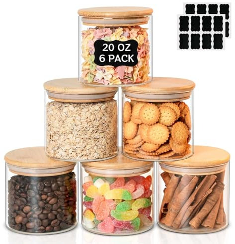 Eidoct 600ml Glass Food Storage Jars Set of 6, High Borosilicate Clear Kitchen Pantry Food Canister Container For Cereal, Pantry Organization Jar, Spice, Salt, Tea, Coffee and Sugar Container