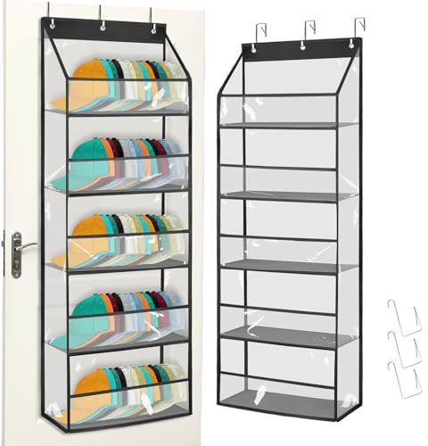 Melpler Clear Hat Storage Rack for Wall, Over Door Hat Organizer for Baseball Caps, Five-Ply Baseball Cap Organizer for Closet with 3 Hooks Hat Holder (Black)