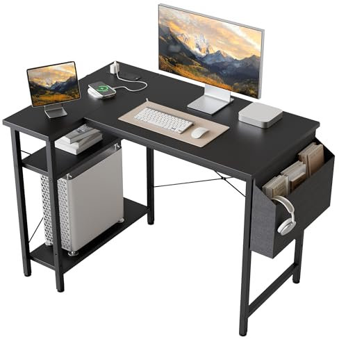 Mericonia Small L Shaped Desk with Power Outlets,100 cm L Computer Corner Desks with Reversible Shelves, Gaming Desk, Study Writing Table for Home Office, Black