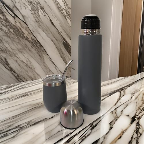 Kit de Mate y Termo de 1 Litro, Vaso Térmico de 350ml con Bombilla, Acero Inoxidable, (Gris Antrasita)