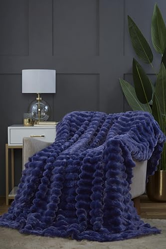 Rapport Home Faux Rabbit Fur Soft Touch Chunky Ribbed Blue Blanket Throw (150 x 200 cm)