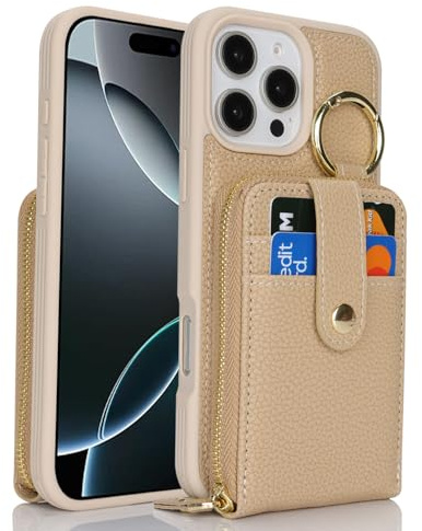 SailorTech for iPhone 16 Pro Case Ring Stand with Credit Card Holder for Women, Phone Case for iPhone 16 Pro Leather Case Wallet with Credit Card Slots Zipper Case-Beige