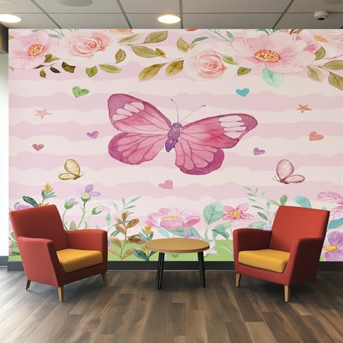 NOGAWA Papier Peint Papillon, Papier Peint Motif Rose Floral, Panoramique Décoration Murale Pour Salon, Chambre, Tapisserie Murales Intissé, Wallpaper Mural 400x280cm