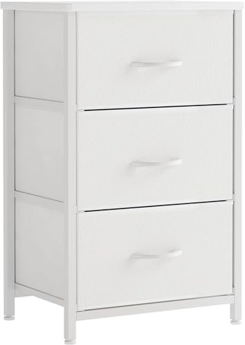 CAIYUN Nachttisch mit 3 Schubladen, Schmaler Kommodenschrank aus Stoff, Sideboard mit Holzplatte, Aufbewahrung für Schlafzimmer, Wohnzimmer, Flur, Modernes Design, Weiß, Platzsparend