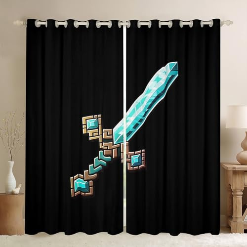 Castle Fairy Blaues Schwert Fenstervorhang, gepixeltes Karomuster, Schlafzimmer-Dekor-Vorhänge, Gaming, Jungen, Teenager, schwarzes Spielthema, Verdunkelungsvorhänge, 2 Elemente, 106 x 160 cm (B x L)
