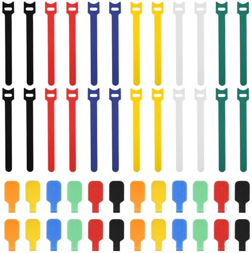 48 Pack Multicolor Cable Labels Reusable Fastening Cable Ties Sets 24 Pcs Adhesive Wire Labels 24 Pcs Fastening Cables Ties Cables Organizer for Cord Management Home Supplies Office