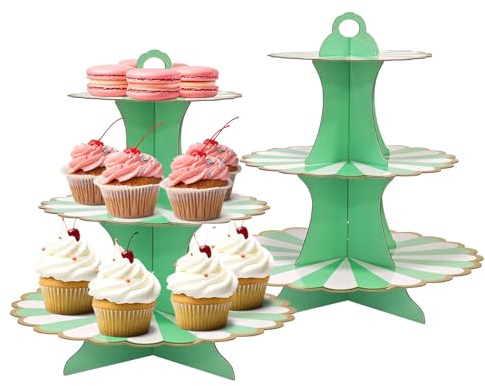 2 Stück Tortenständer aus Karton, 3 Etagen Cupcake Ständer Dessert Turm – Muffinständer für Hochzeit, Geburtstag, Party – Kuchenständer, Etagere für Brötchen, Käseplatte, Cupcakes(Grün)