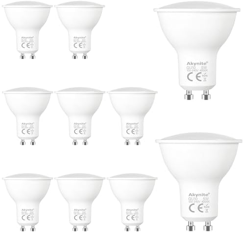 Akynite Faretto GU10 LED 5W Luce Naturale 4000K 500LM, 120 gradi, AC 230V, 50mm MR16 GU10 50W Alogena Equivalente, non dimmerabile, Lampadine gu10 LED 4000k per Cucina Bagno, set di 10