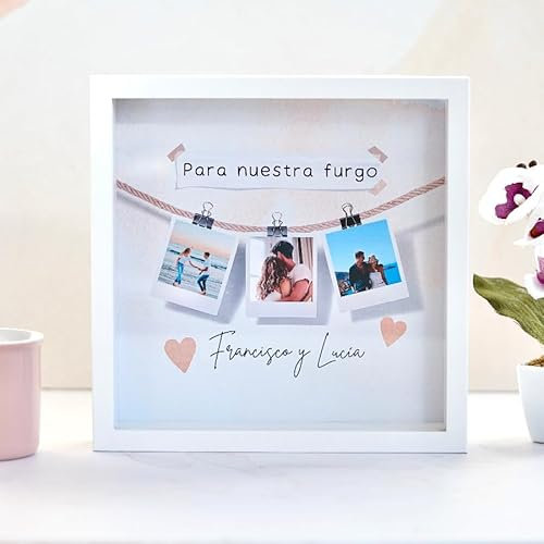 Cristal Plaque Hucha Personalizada con3 Fotos y Texto “Para nuestro futuro” – Acrílico Transparente y Madera – Regalo Emotivo para Celebraciones, Cumpleaños y Aniversarios