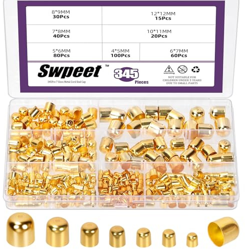 Swpeet 345pcs 7 Größen 4/5/6/7/8/10/12 mm Goldene Metallschnur Endkappe Sortiment Kit, Leder Enden Kappen, Spalte Endkappe Terminatoren, Leder Schnuren Enden Perlen Cap für DIY Schmuck Herstellung