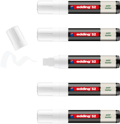 edding 52 Lackmarker – weiß – 5er-Pack – Keilspitze 4–15 mm | Tinte auf Wasserbasis, hochdeckend und wasserfest – Stift für Glas, Stein, Holz, Kunststoff und Papier