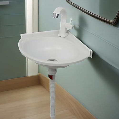 Lavabo Piccolo angolare Lavabo A Parete Senza Foratura Lavandini Triangolare Plastica Con Rubinetto E Accessori Di Scarico,Lavello per Bagno Per Camping-Car,Barca,Bagno,Wc