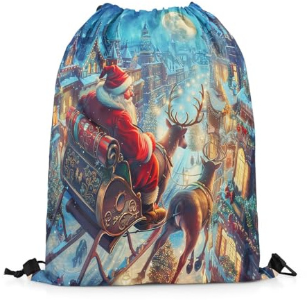 Turnbeutel Santa Schlitten Frohe Weihnachten Xmas Netter Elch Gymsack Sport Sportbeutel Verstellbar Gym Sack Für Reisen Beach Schwimmen 36X42CM