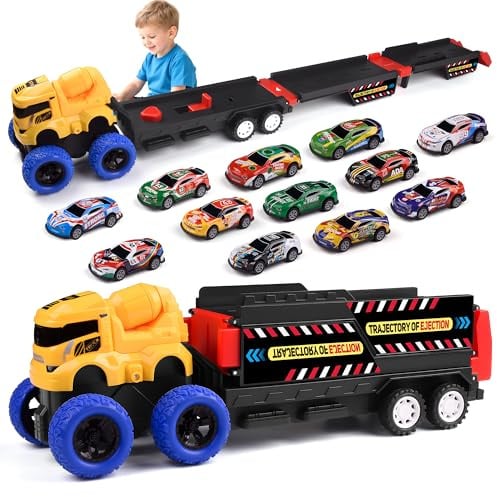 Havnidy Transport Truck Spielzeugautos für Jungen 3, 4, 5, 6 Jahren, Faltbare Rennbahn Truck mit 12 Rückziehautos Spielzeug, Baufahrzeuge Spielze Geschenk für Geburtstage und Weihnachten