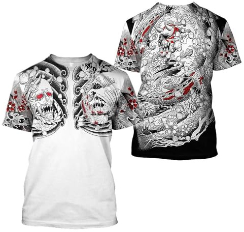 JIFENLI Herren 3D Druck T-Shirt Japan Samurai Hannya Oni Maske Schlange Muster 3D-Druck T-Shirts Männer Frauen T-Shirt Kurzarm Oversized Tee Top