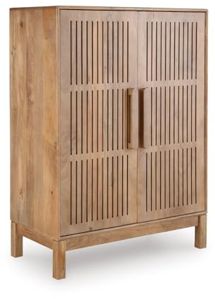 Signature Design by Ashley Pellamour Casual Bar Cabinet with Anti-Tipping and Adjustable Shelf, Light Brown