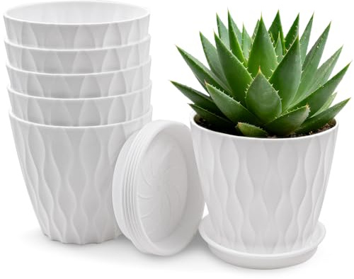 JJYHEHOT 10cm Vasi per Piante, Set di 6 Vaso con Sottovaso in Plastica, Vaso per Pianta Bianco Moderni con Foro di Drenaggio per Piante, Piante Grasse, Fiori, Erbee Cactus