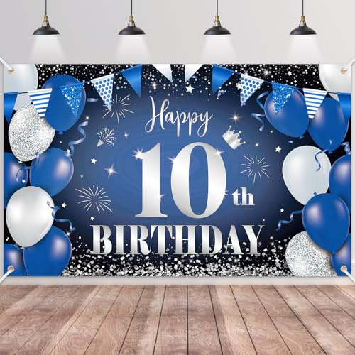 10.Geburtstag Banner Navy Blau Schwarz Silber, Stoff Geburtstag Banner Hintergrund, Geburtstag Dekoration für Jungen Geburtstagsfeier Deko