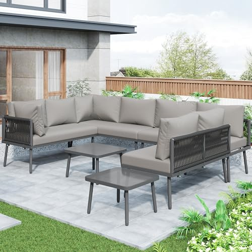 TOBIDOEN U-förmiges Garten Lounge Set aus Eisen, 4 Zweisitzer-Sofas und 2 Tische mit Gehärtetem Glas, Pulverbeschichtetem Eisengestell, Abnehmbaren Kissen, Wetterfest, Grau