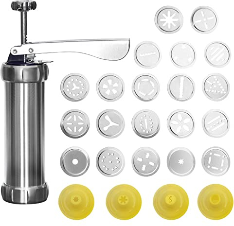 25pcs Press Set with 20 Cookie Discs and 4 Nozzles, Aluminum Alloy Biscuit Maker Tool for Home DIY and Decoration (Silver/Yellow)