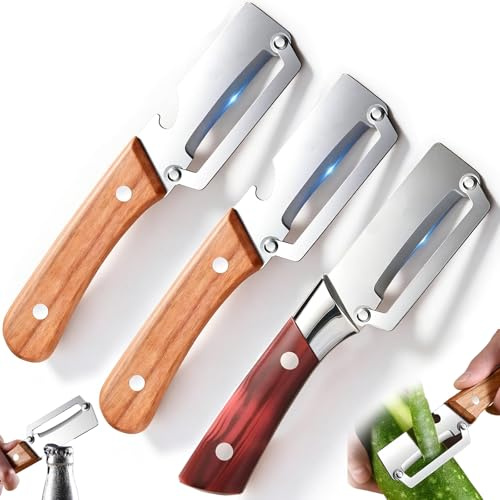 3 PCS Multifunctional Vegetable Peeler for Kitchen, Vegetable Peeler | Zero Snag Wooden Peeler,2-in-1 Stainless Steel Peeler with Bottle Opener, Wooden Handle Peeler,for Fruit Apple Potato Pumpkin