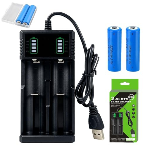 RNPKZ Batteria ricaricabile da 3,7 V con caricabatterie, 2 pezzi da 2200 mAh NIMH ricaricabile con caricatore a 2 soli, caricabatterie con cavo USB, indicatore LED, per torcia, torcia frontale