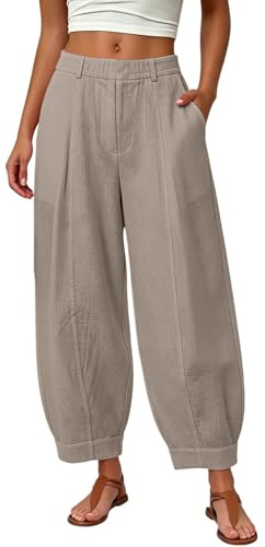ziubauyke Womens Barrel Leg Trousers Cotton Linen Balloon Pants Ladies Summer Casual Elasticated Waist Harem Trousers Loose Fit Wide Leg Trouser Boho Beach Vacation with Pockets