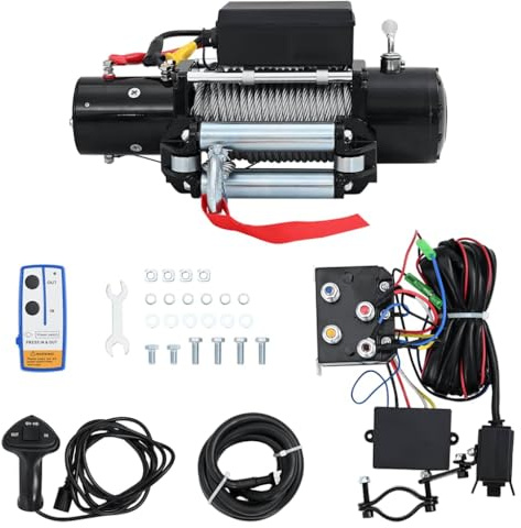 QUAHEAS Elektrische Seilwinde 12 V mit 5909 kg Zugkraft, 26 m Stahlseil 9,5 mm, 3-Gang-Antrieb, Funk- und Kabel-Fernbedienung, robust für Werkstatt, Offroad, Boot, Anhänger, Industrie, Garage