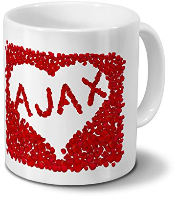 Tasse mit Namen Ajax - Motiv Rosenherz - Namenstasse, Kaffeebecher, Mug, Becher, Kaffeetasse - Farbe Weiß