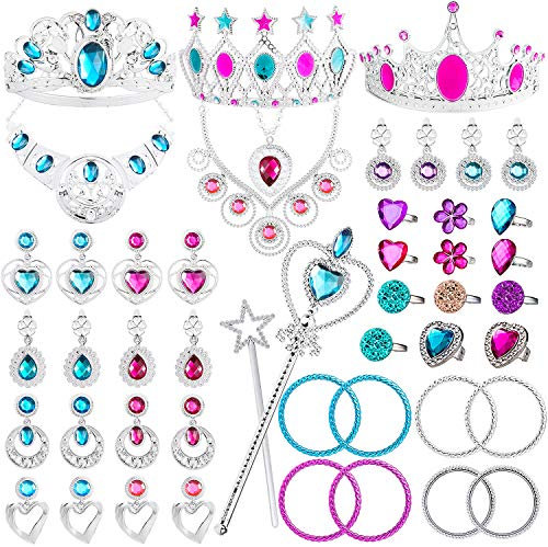 WATINC 46 Stück Prinzessinnen Schmuck Spielzeug Set für Kinder Prinzessin Kostüme Dress Up Zubehör Set enthält Tiara Krone Halskette Zauberstab Ohrringes Ringe Armbänder für Rollenspiel Party Zubehör