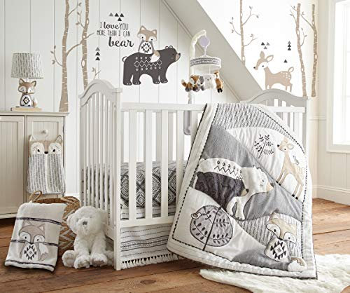 Levtex Bailey Babybett-Set für Babybett, Anthrazit, Taupe, Weiß, neutrales Wald, 5-teiliges Set mit Steppdecke, Spannbetttuch, Windelstapler, Wandaufkleber und Rock/Staub-Rüschen, 5-teilig