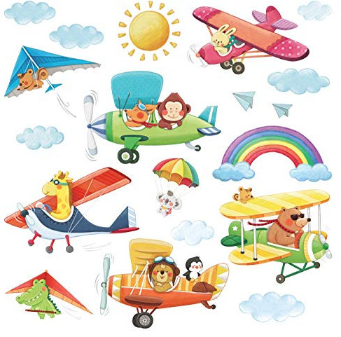DECOWALL DS-8026 Doppeldecker Hängeleiter Flugzeuge Tiere Wandtattoo Wandsticker Wandaufkleber Wanddeko für Wohnzimmer Schlafzimmer Kinderzimmer (Klein)