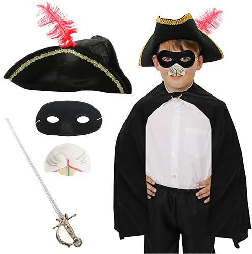 Children’s Highwayman Rodent Costume - Black Cape, Tricorn Hat, Rat Nose, Eyemask & Sword - Kids Fancy Dress for World Book Day, Halloween & Themed Parties