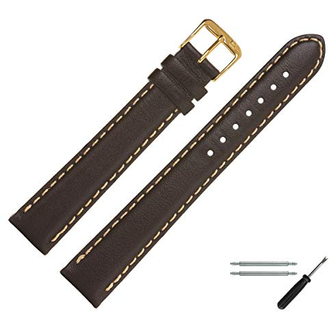 MARBURGER Uhrenarmband 18mm Leder Braun Gold XL Glatt Mit Naht - Montage Set 8021831000220
