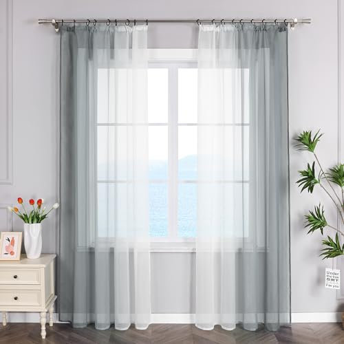 ESLIR Gardinen mit Kräuselband Vorhänge Gardinenschals Transparent Stores Gardinen Farbverlauf Voile Grau BxH 140x245cm 2 Stück
