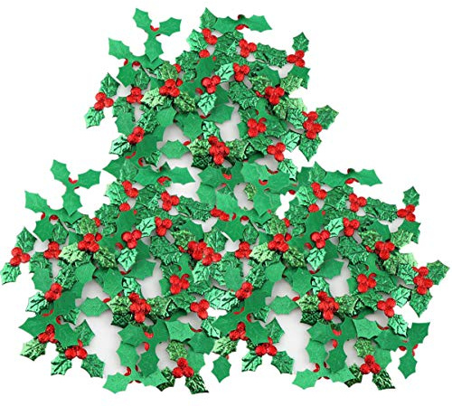Zhiheng 100 Pack Christmas Holly Berries and Leaves Appliques Laser Scaterred Confetti Fabric Embellishment for Christmas Tree Stocking Scrapbooking Table Decorations