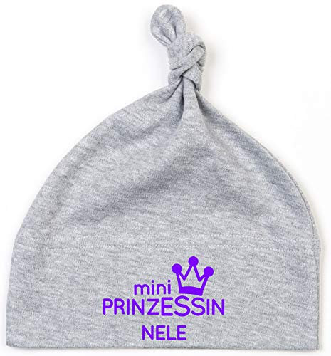 kleine Baby-Mütze mit Namen personalisiert | Motiv Prinzessin & Krone | für Neugeborene Mädchen zur Geburt und Taufe (grau)