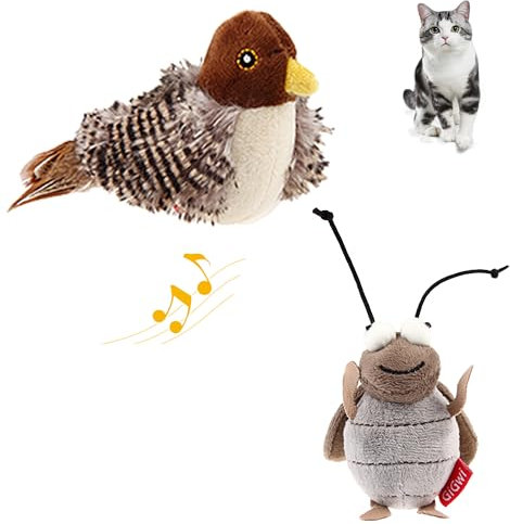 PETGEEK GiGwi Interactive Cat Feather Toy, Melody Chaser Chirpy Bird & Cricket Cat Toy Plush Toys for Cats, Squeak Cat Toys for Indoor Cats
