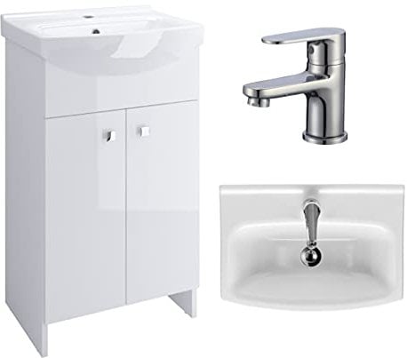 VBChome Badmöbel Weiß 50 cm Armatur Waschbecken mit Unterschrank Waschtisch Waschbeckenunterschrank Unterschrank Zugstange Badezimmerschrank 2 Türen Glanz Waschplatz Stand Standmöbel