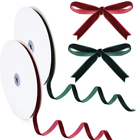 Samtband – Grün & Rot, 1,1 cm breit, Satin, einfarbig, Weihnachts-Samtband für Geschenkverpackungen, Hochzeiten, selbstgemachte Schleifen, Kränze, Haar-Accessoires und Handwerk, 2 Rollen