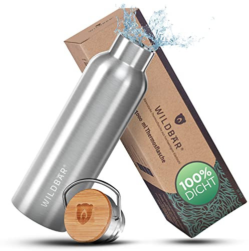 WILDBÄR - Premium Edelstahl Thermosflasche 1L Kinder & Erwachsene - Edelstahl Trinkflasche, auslaufsicher - Büro, Sport, Wandern - Ersatzdichtung