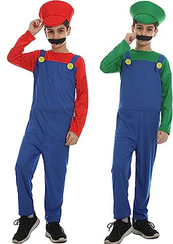 YIYUANIJI Super Brüder Cosplay Kostüm Outfit,Einteilig mit Hut und Bart,Geeignet für Karneval/Cosplay/Eltern-Kind-Verkleidung/Weihnachtsgeschenke