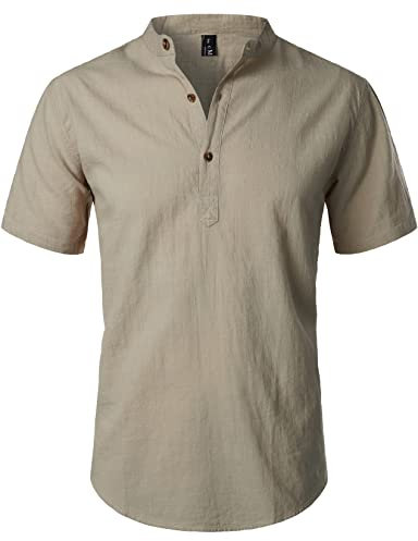 LucMatton Men's Casual Cotton Linen Short Sleeve Henley Shirt Summer Lightweight Banded Collar Beach Tops Khaki Medium