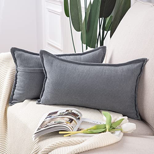 Madizz 2er Set kurzen Chenille Zierkissenbezüge weicher dekorativer Kissenbezug für Sofa, Schlafzimmer Kissenhülle Grau 40x60 cm Rechteckig