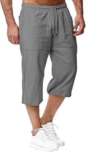 Sprifloral Mens Linen Shorts 3/4 Length Pants Summer Trousers Beach Yoga Joggers Casual Sweatpants Grey 4XL