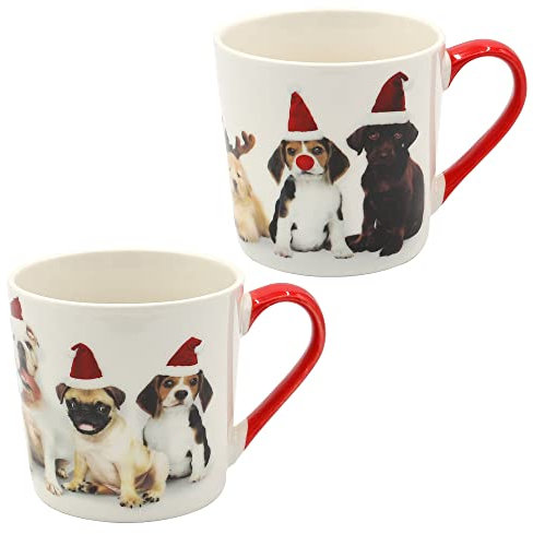 Dekohelden24 Porzellan Weihnachts-Tassen/Becher - Hunde mit Weihnachtsmütze - als 2er Set, Größe H/Ø ca. 9 x 9 cm, Fassungsvermögen ca. 350 ml, spülmaschinenfest