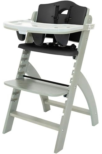 Abiie Beyond Junior Wooden High Chair with Tray - Convertible, Adjustable, Foldable High Chair for Babies and Toddlers - 6 Months to 250 Lb - Water Resistant - Misty Grey Wood/Black Pearl Cushion